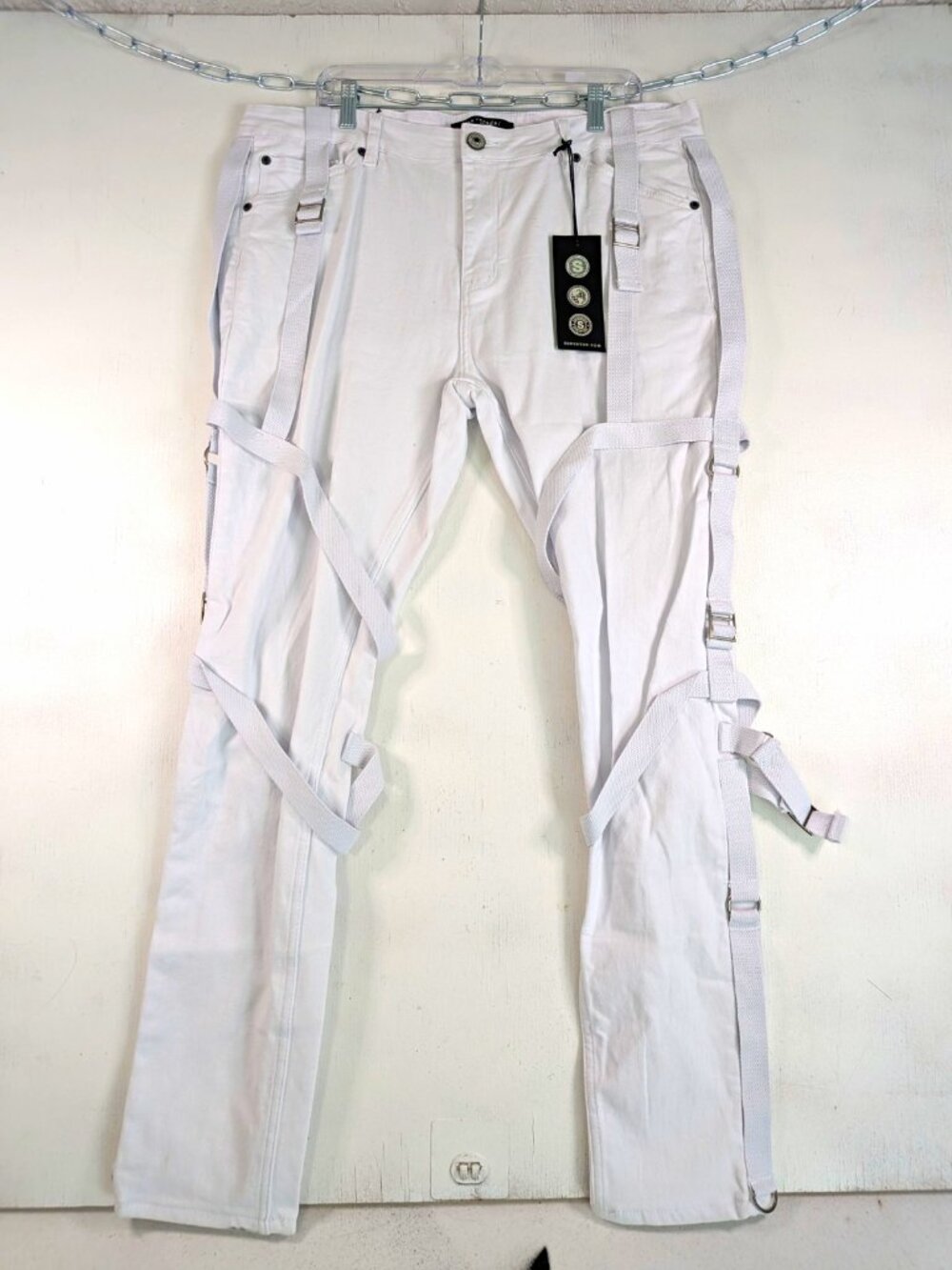 Serenede Mens White Skinny Cargo Jeans Strap Buckle Utility Streetwear NWT Sz 40
